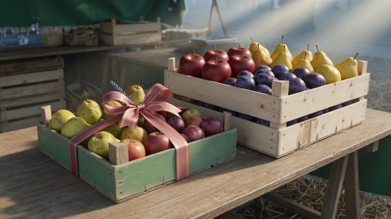 Market stall with two wooden fruit crates: a small green crate tied with a pink ribbon holding blemished pears, beside a larger plain crate of fresh apples, plums, and pears