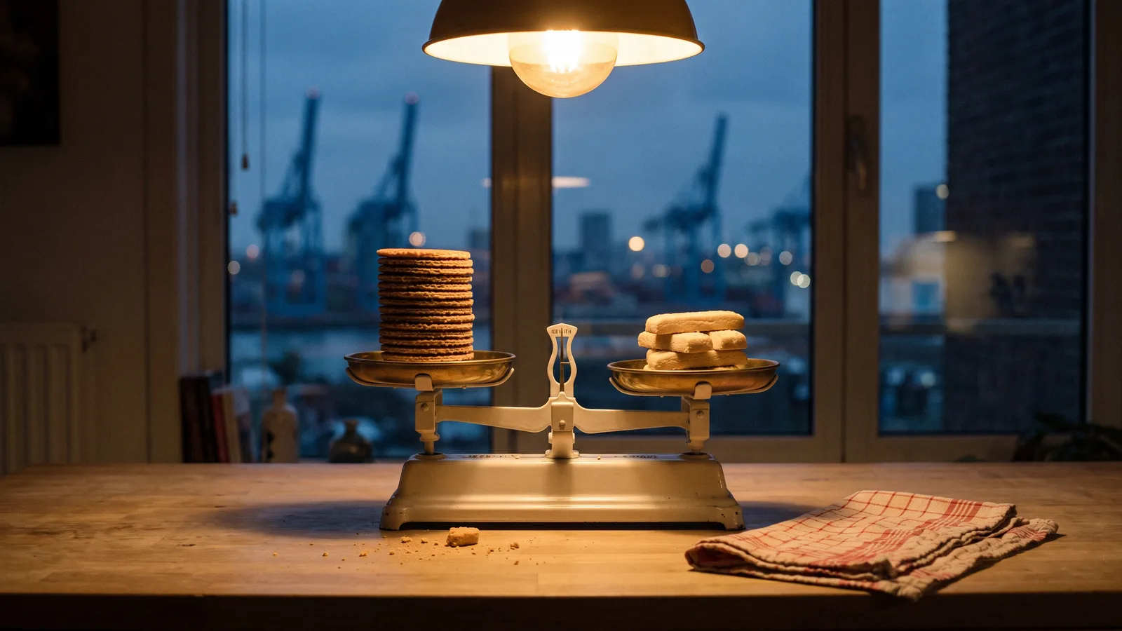 Twee stapels koekjes op een keukenweegschaal in de keuken van een Rotterdams appartement: een hogere stapel stroopwafels naast een lagere stapel shortbread, in warm gloeilamplicht