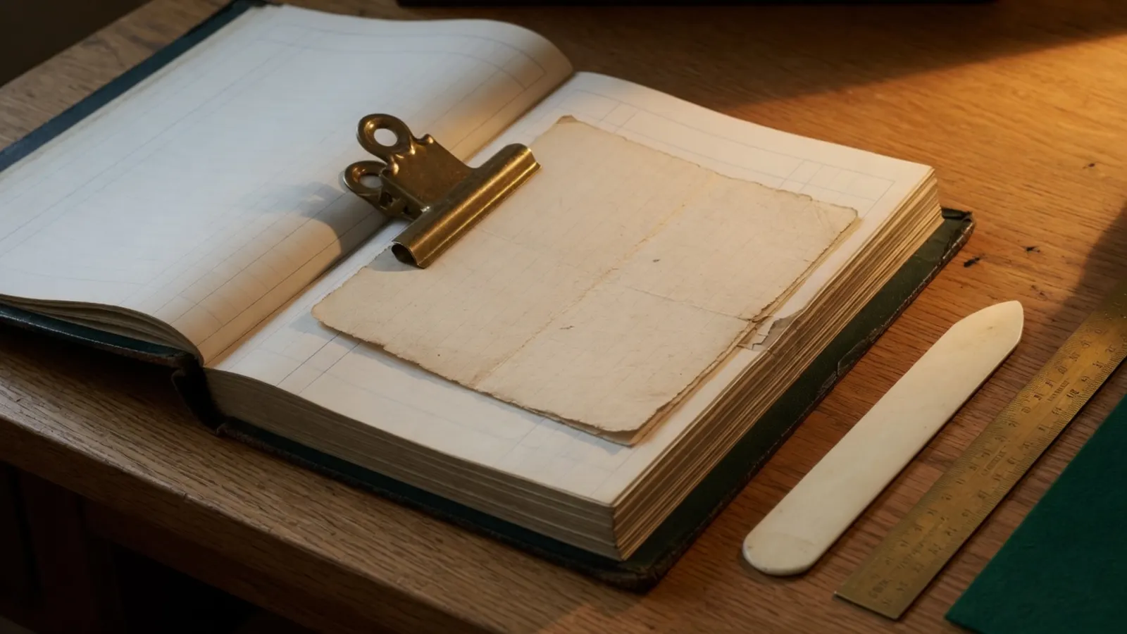 Open bound ledger with a source sheet clipped to one row, bone folder and brass ruler beside it
