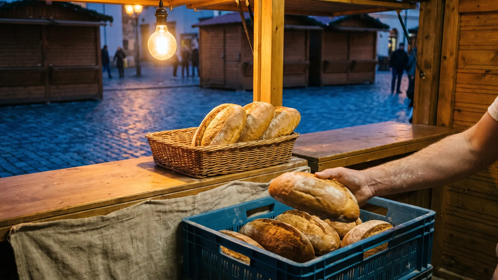 A market bread stall at dusk: a basket on the counter holds three loaves, while a hand takes another from a full crate hidden under the counter