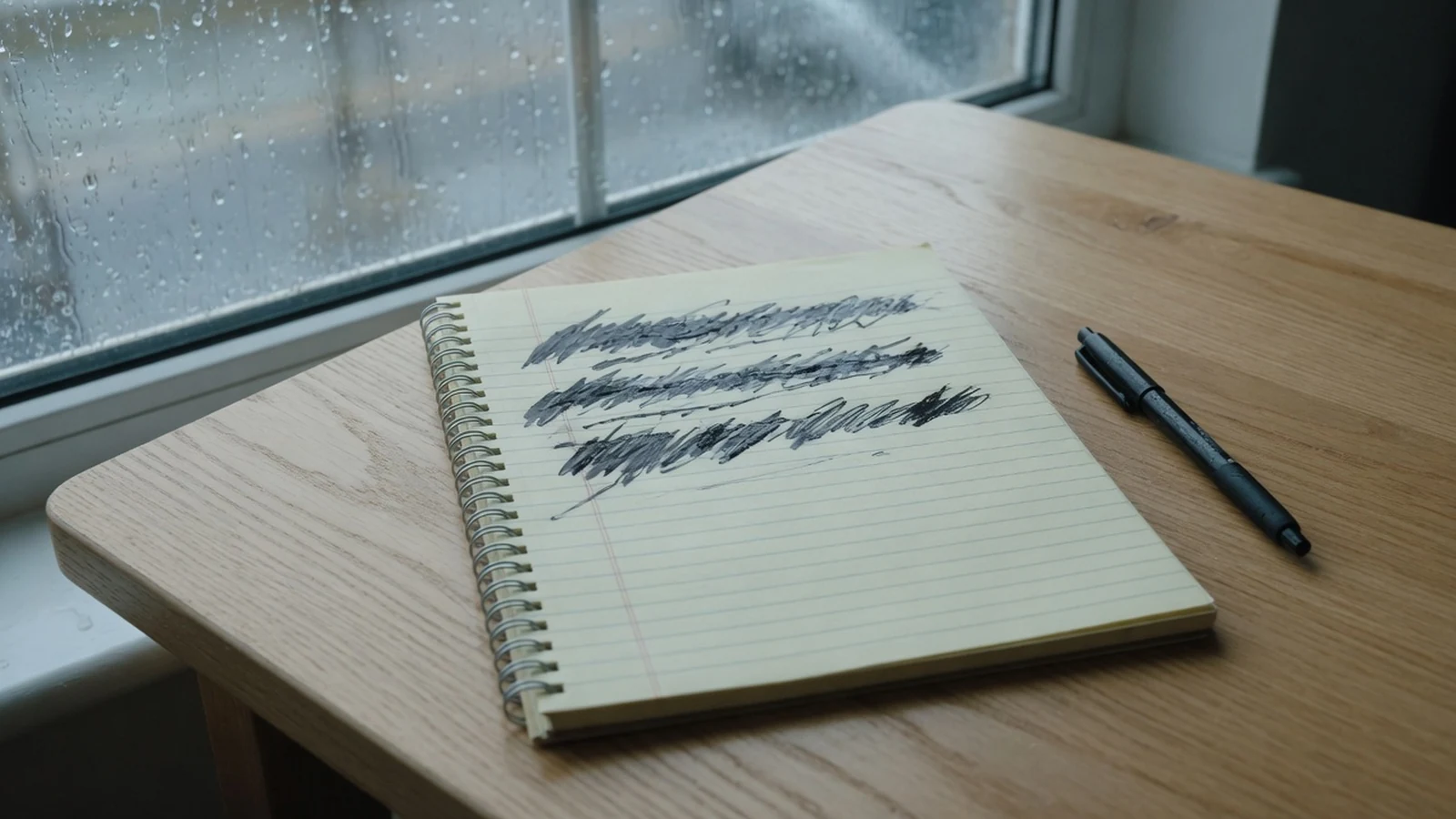 Spiraalblok bij een regenraam: drie volgeschreven regels, twee nog leeg, een ongebruikte zwarte pen