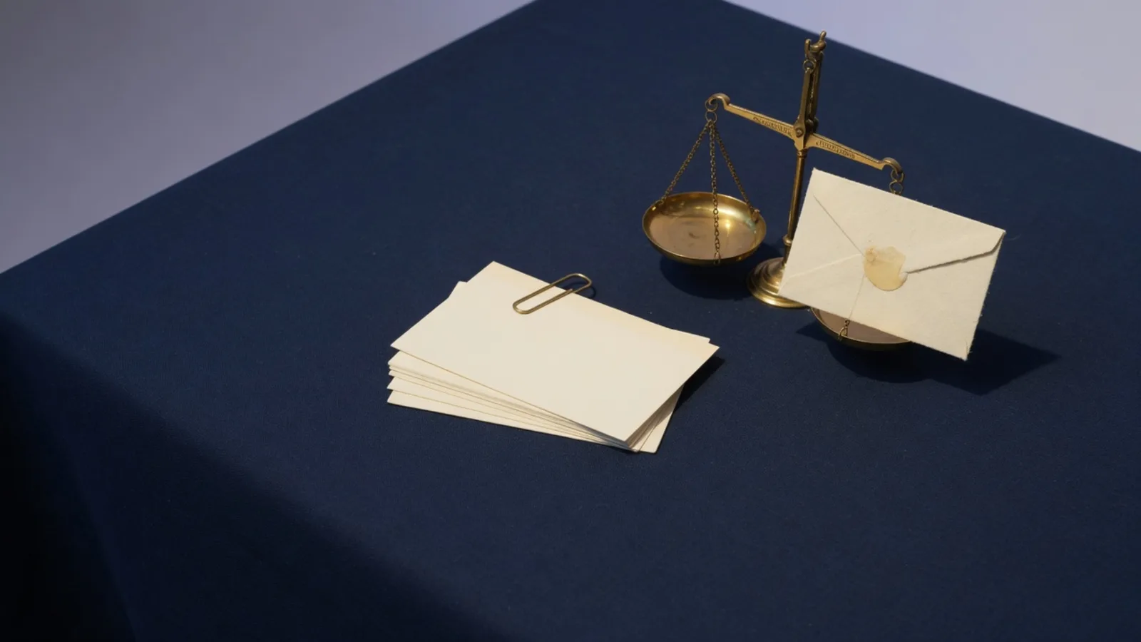 Brass scale and a short stack of index cards on cream paper