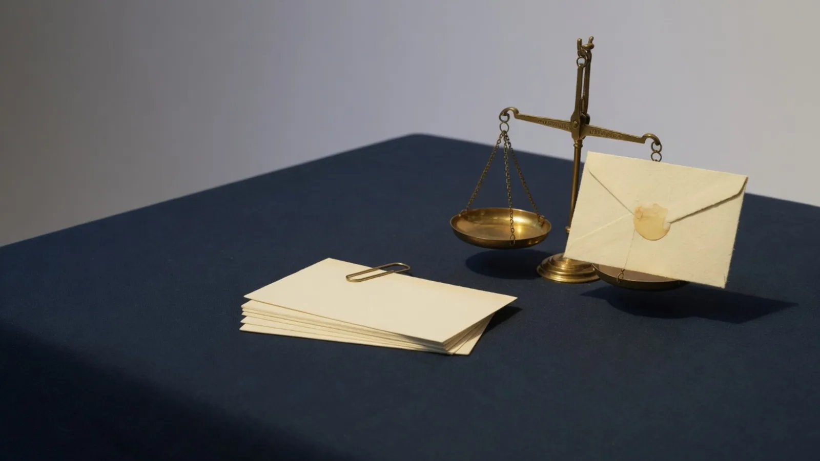 Messing weegschaal en een klein stapeltje indexkaarten op crèmekleurig papier