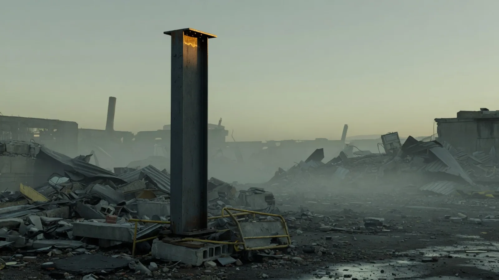One undamaged steel I-beam still standing in a demolished industrial lot at dawn