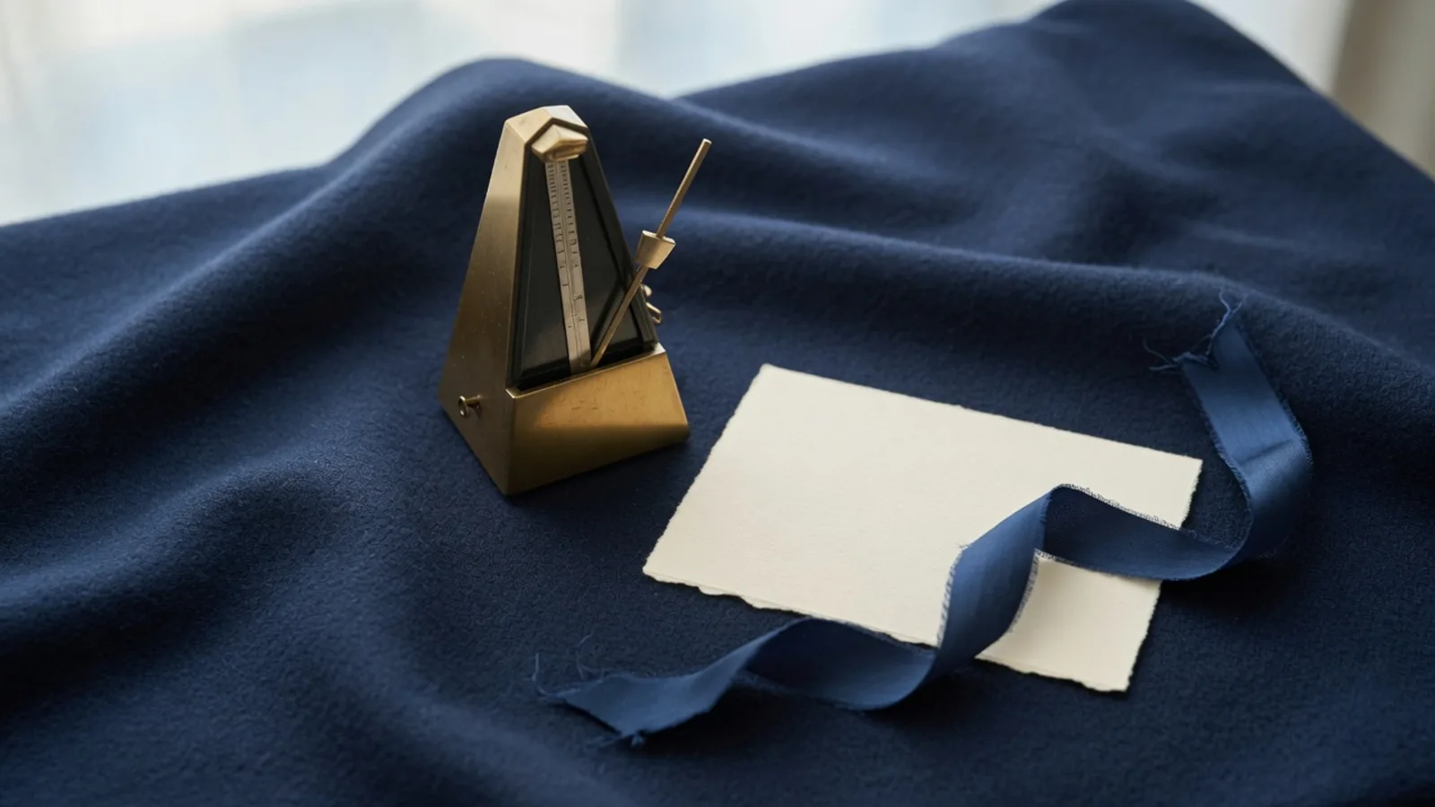 A brass metronome, a blank cream card, and a navy ribbon on navy cloth