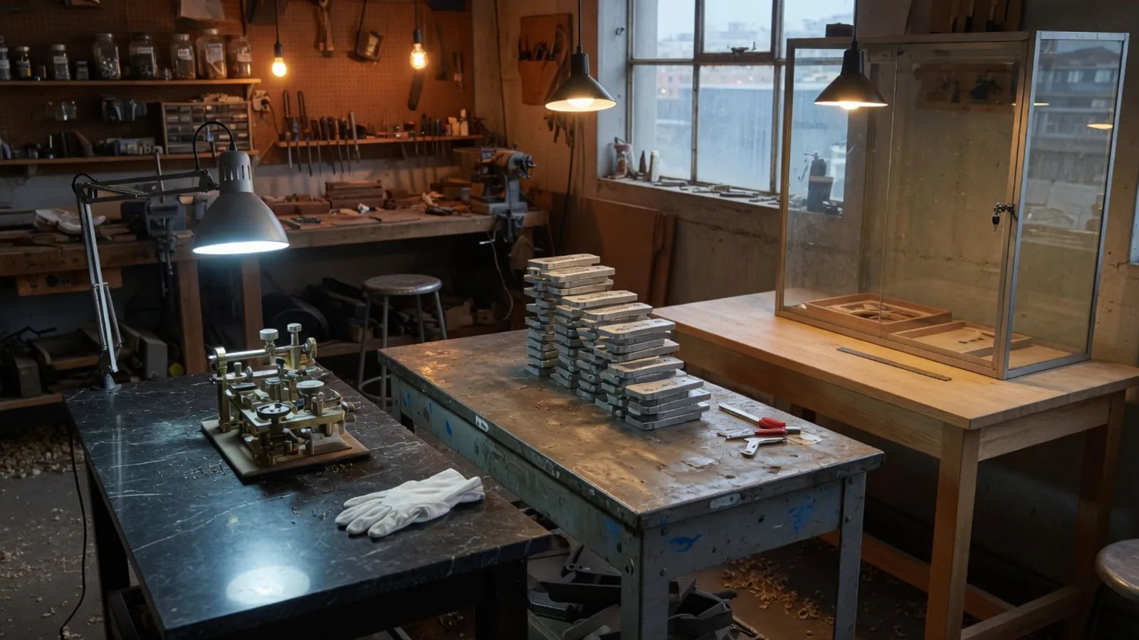 Drie werkbanken in één werkplaats: marmeren precisie, bekrast staal voor bulk, eiken gereedschap achter glas