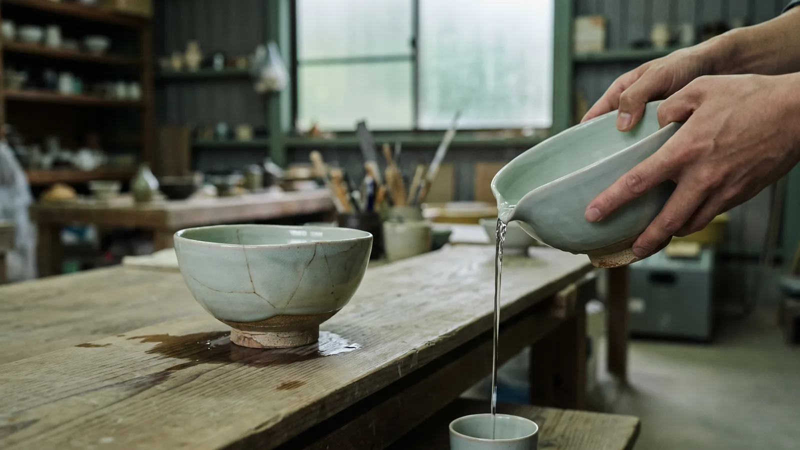 Two ceramic bowls on a potter's bench in a quiet studio, one lumpy and cracked, the other smooth, tilted by a potter's hands so a thin stream of water pours cleanly from its spout