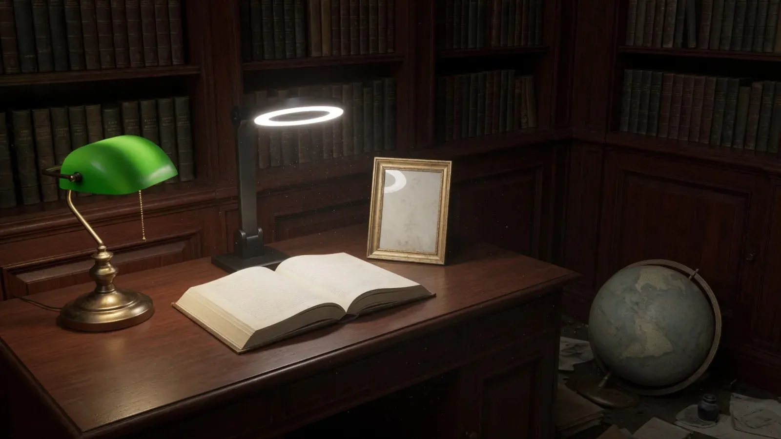 Library desk, open book under a document lamp, empty gold frame, discarded globe on the floor