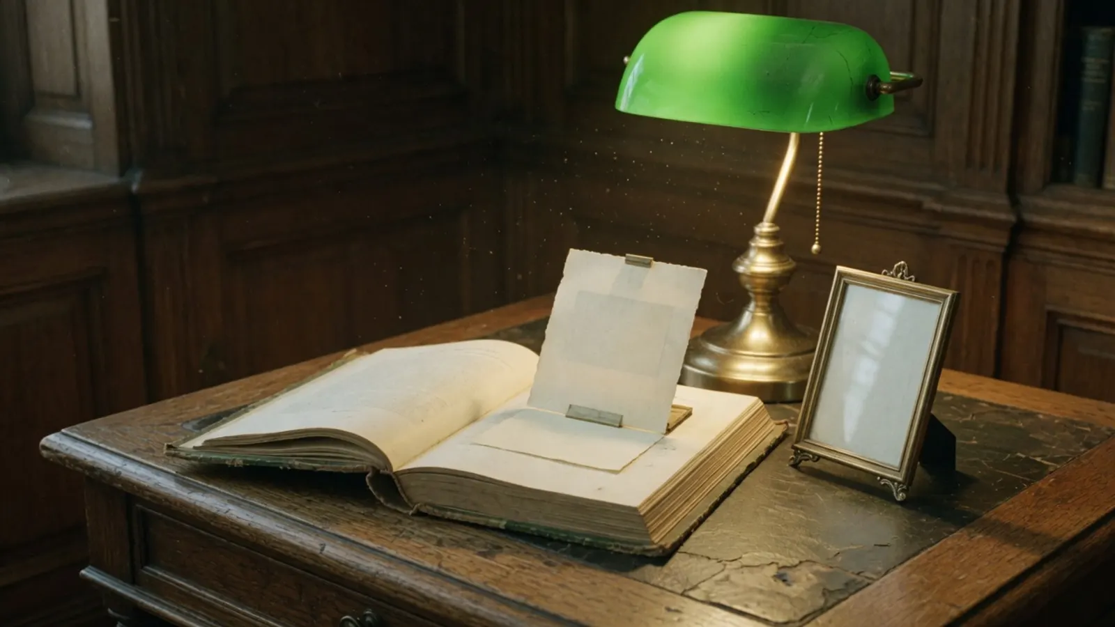 Open clothbound book on an oak library desk under a green banker's lamp, a blank cream quotation strip standing in the page, empty brass picture-frame beside it