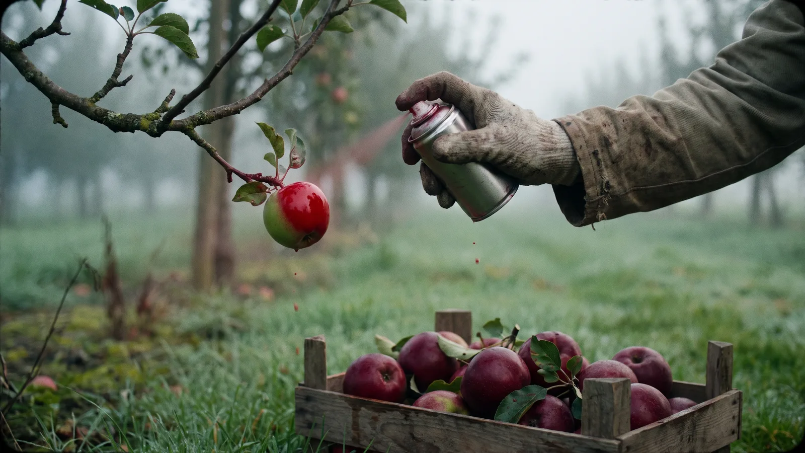 A gloved hand spray-painting an unripe green apple red on the branch in a misty orchard, above a crate of apples that ripened on their own