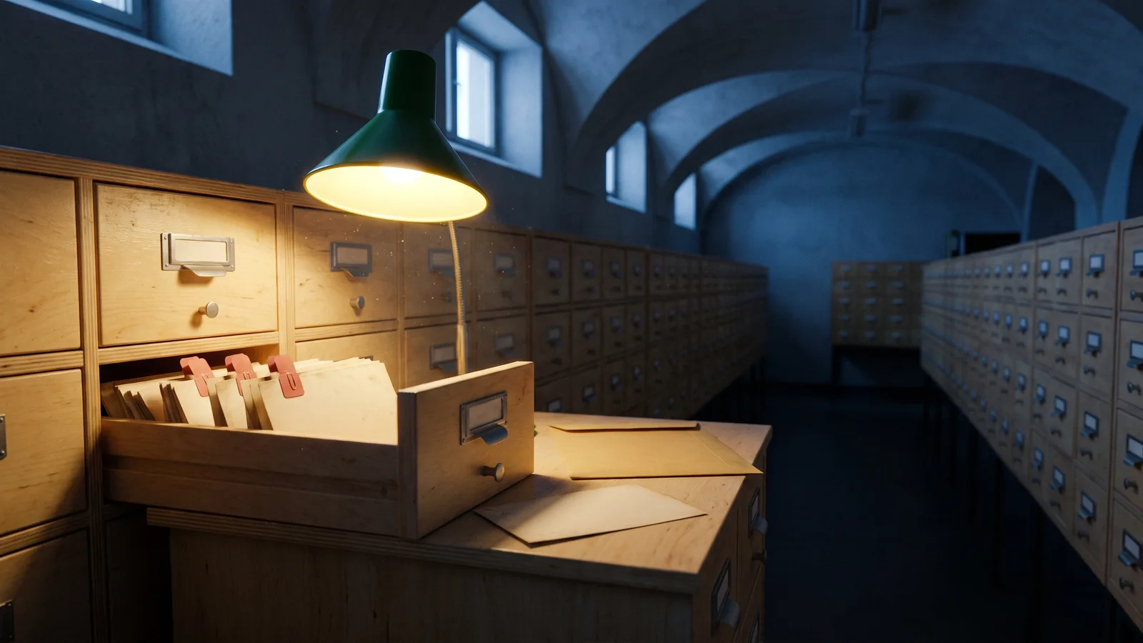 Archive room at dusk with rows of pale wooden index-card drawers; one drawer stands open with a few cards pulled halfway out and clipped with red paper tags, while an unmarked envelope lies on top of the cabinet, lit by a single green-shaded lamp