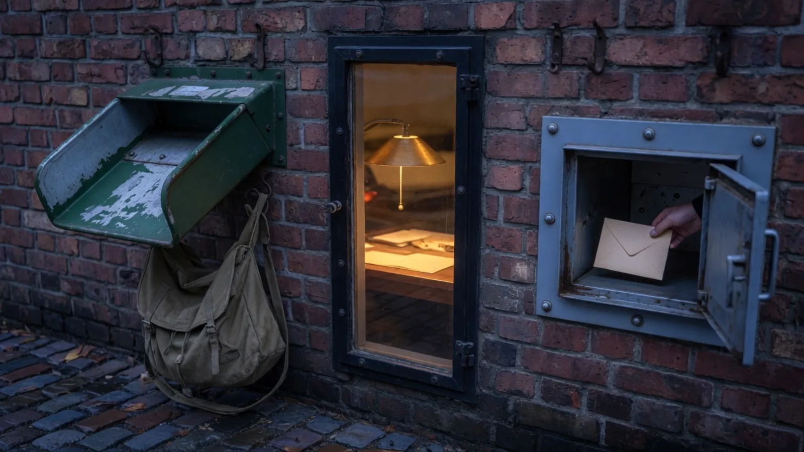 Brick wall at dusk with three separate openings: a hopper with a mailbag, a lit search window, and a service hatch where a hand leaves a note