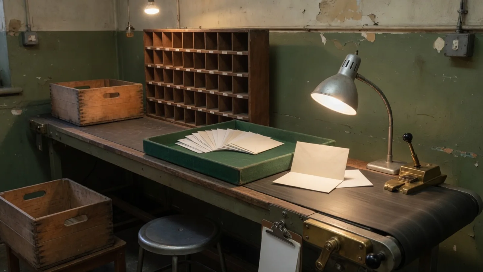 Vijf stations op een postsorteerband: krat, postvakken, assemblageblad, inspectielamp, een schakelaar die oude post wegstuurt