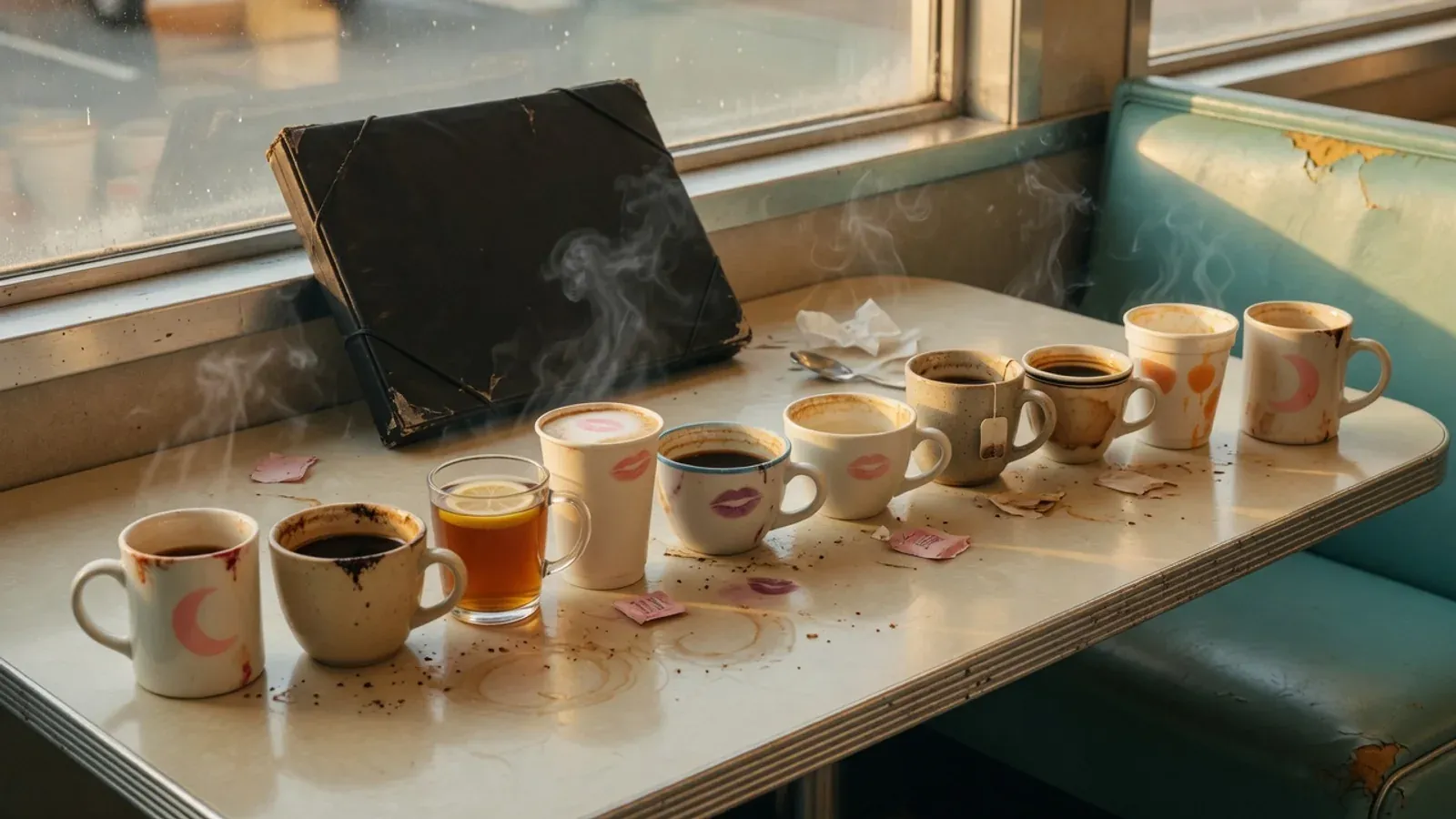 Ten differently stained coffee cups in a diner booth, closed pitch deck against the window