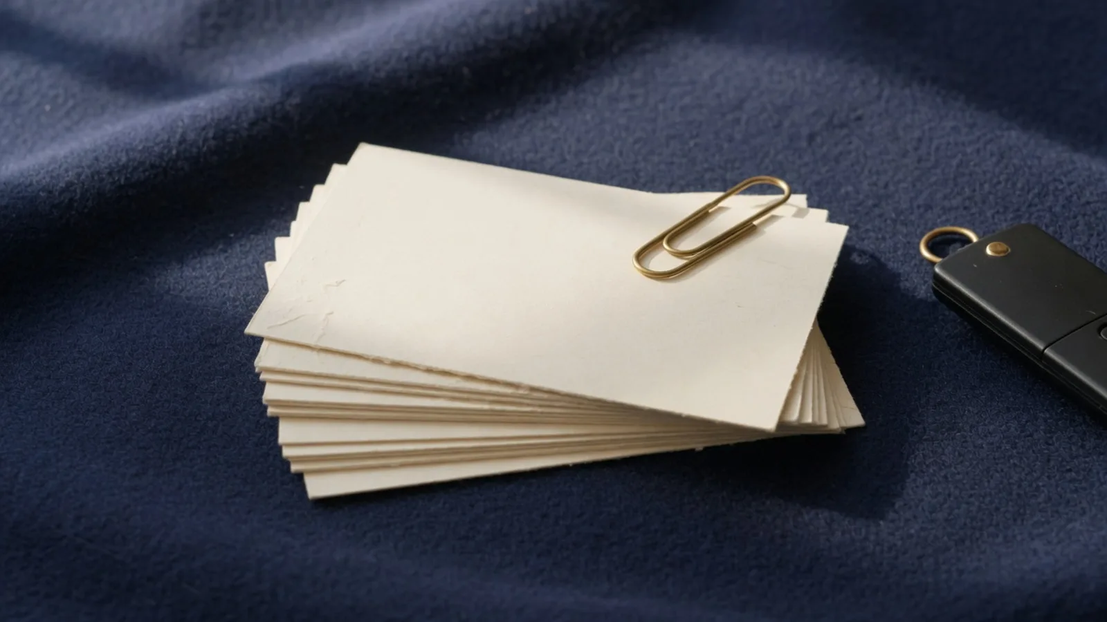 A short stack of cream index cards, a brass clip, and a closed presentation remote on navy cloth