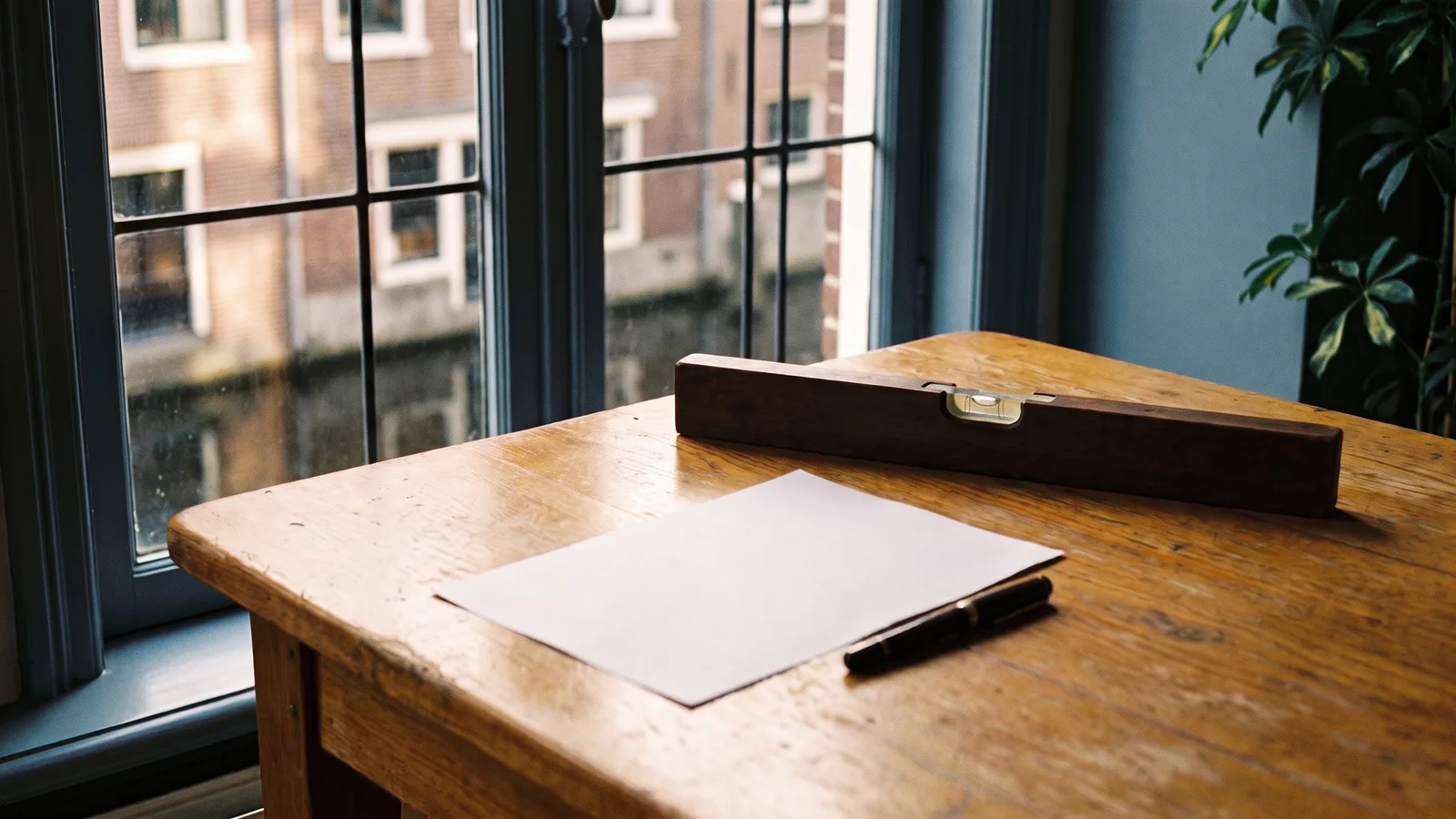 Een offerte van een aannemer op een eikenhouten keukentafel in een grachtenpand, met een waterpas dwars over het papier in het late middaglicht