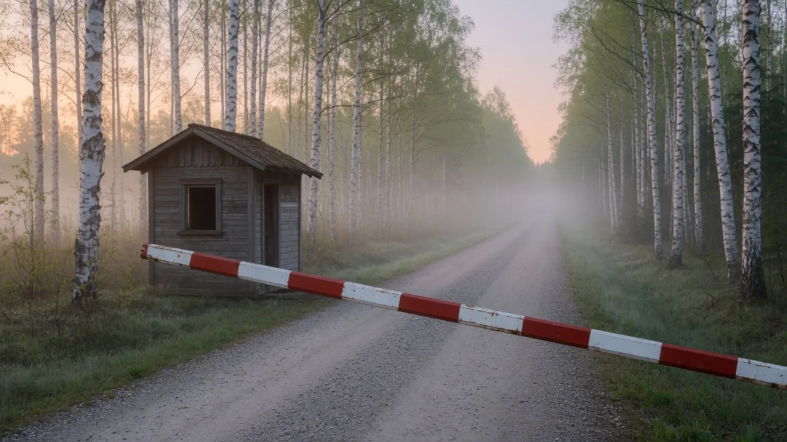 Een gesloten rood-wit gestreepte slagboom over een lege grindweg in een mistig berkenbos bij dageraad, met links in de berm een klein verweerd houten wachthuisje en de weg die verderop in de nevel verdwijnt, onder een bleekroze en perzikkleurige lucht