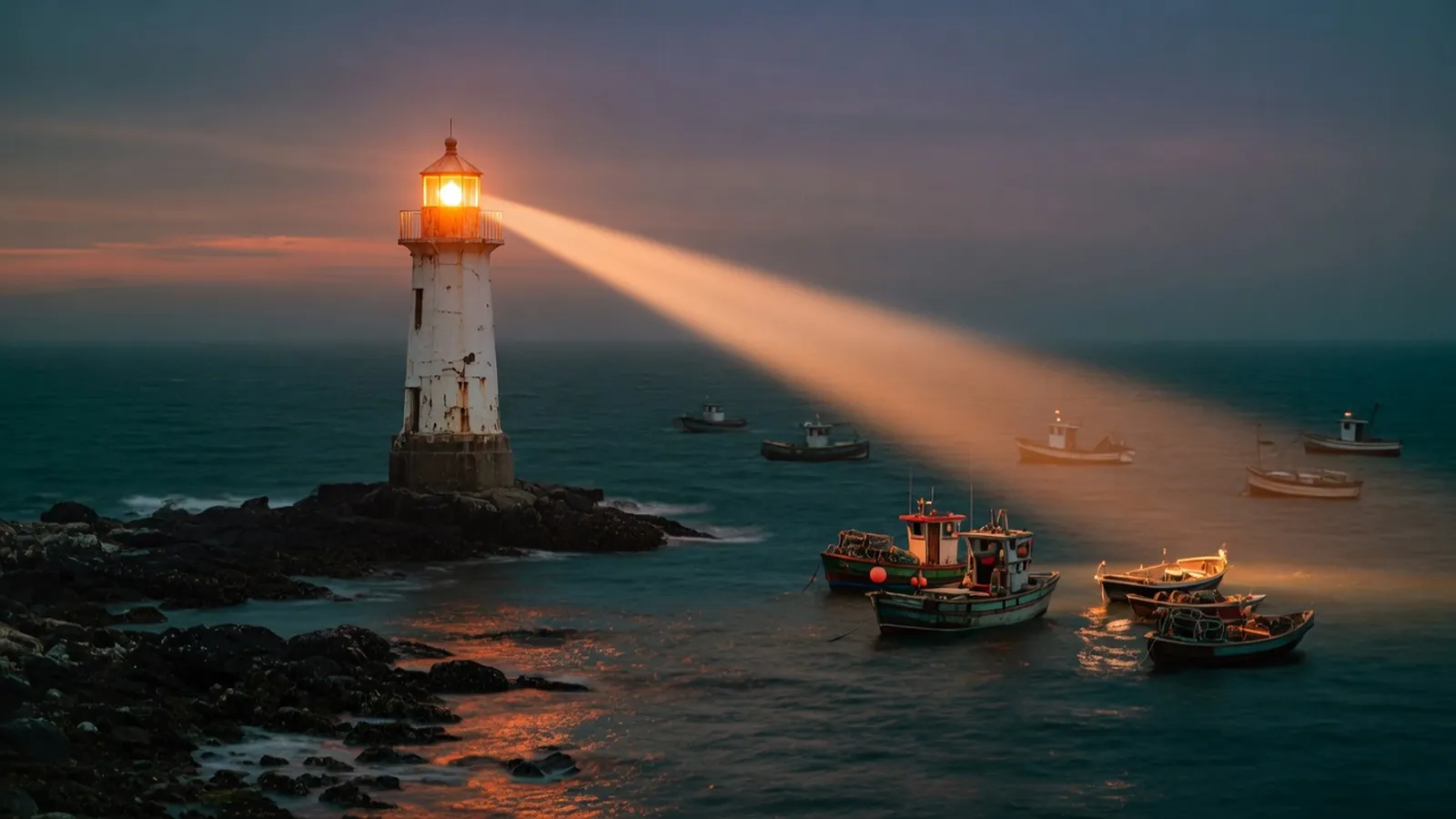 Een witte vuurtoren op donkere rotsen in de schemering; één natriumoranje lichtbundel beschijnt een groep kleine vissersboten op een diep blauwgroene zee, terwijl andere boten buiten de bundel in het schemerige water liggen