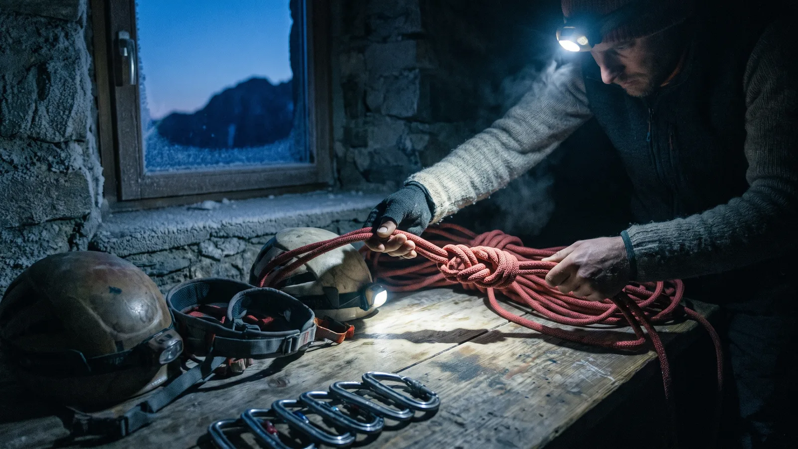 Gloved hands checking a knot in a red climbing rope laid out on a wooden table in a mountain hut before dawn, lit by a headlamp