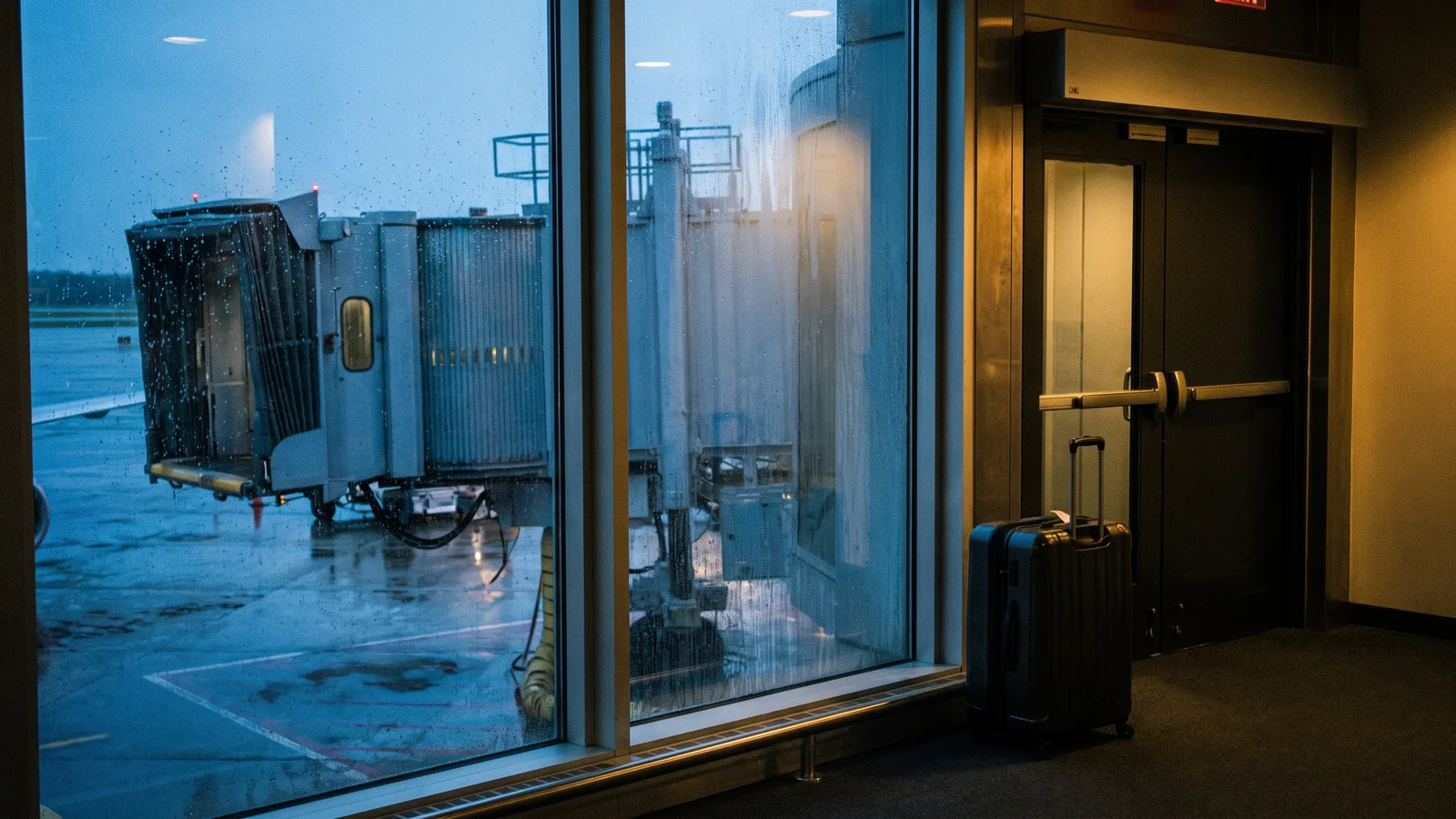 An airport gate at dusk with the jet bridge pulled back from a closed aircraft door and one suitcase left alone by the gate