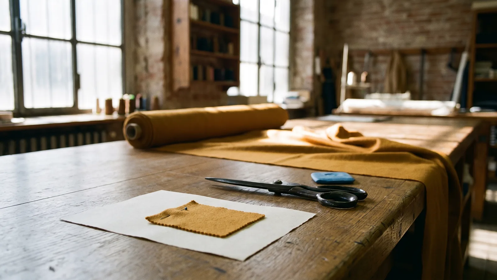 A tailor's cutting table in a sunlit workshop, a long bolt of ochre cloth unrolled with one small neatly cut swatch pinned to a blank sheet of paper