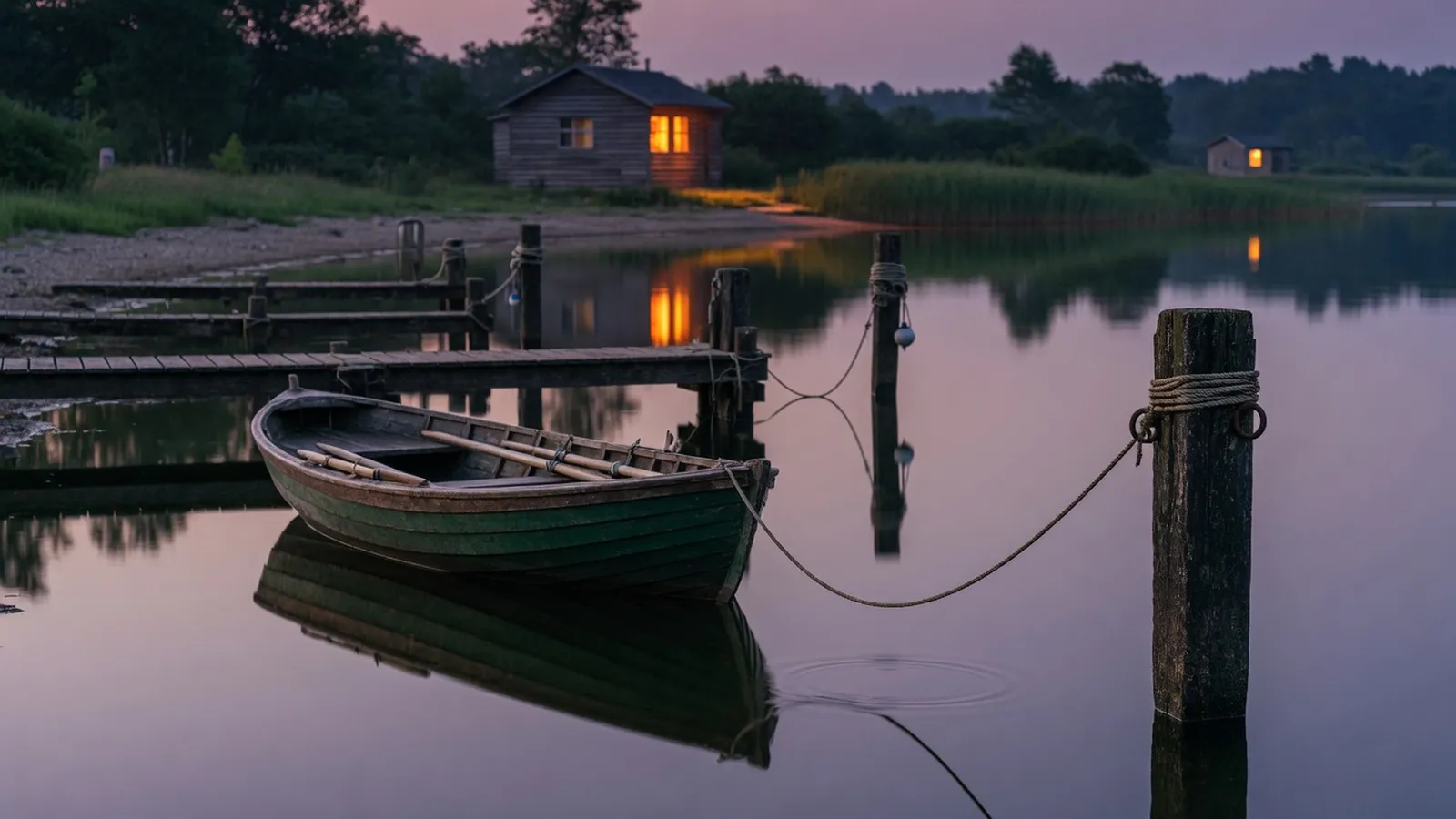 A green wooden rowboat moored by ropes to weathered posts beside a low jetty on a still lake at dusk, with two lit cabins on the shore