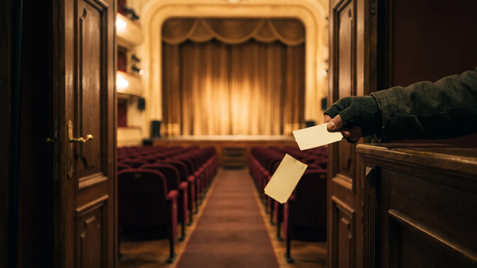 An old theatre box office at the entrance, a hand tearing a blank ticket stub at the door while the stage beyond glows in warm gold light