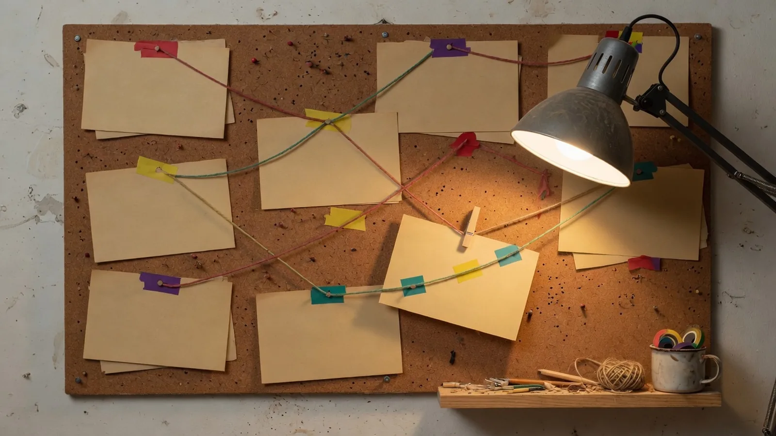 Workshop pinboard of named index cards joined by labelled string, one card pulled forward under a clamp lamp