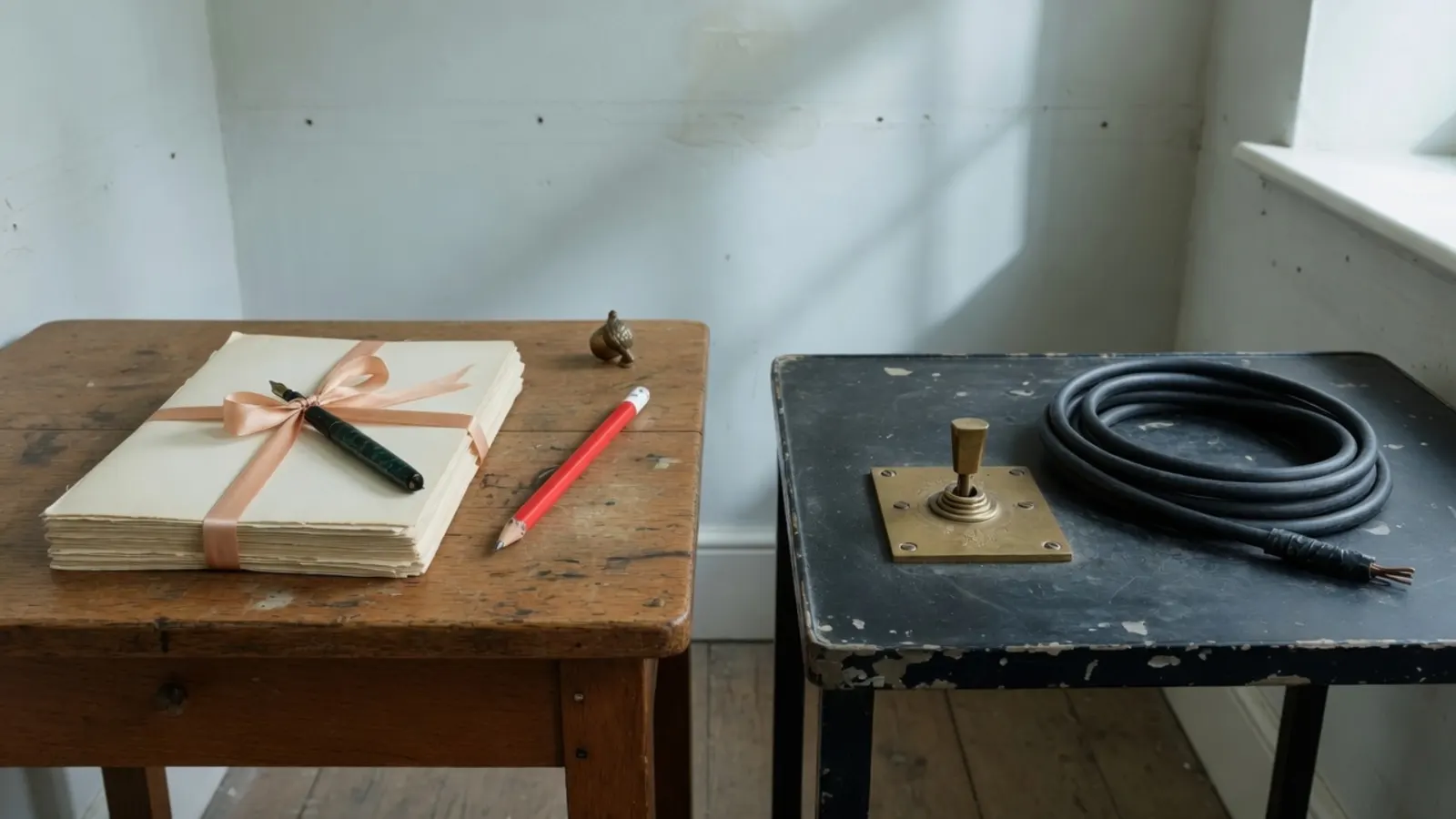 Twee bureaus: manuscript met lint en vulpen links, koperen tuimelschakelaar en opgerolde kabel rechts