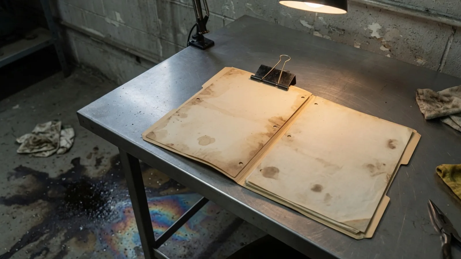 Metalen papierklem die een smalle antwoordstrook vastzet aan een open dossiermap op een roestvrijstalen werktafel onder een werklamp