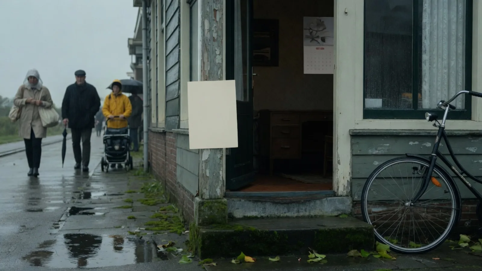 Cream sheet pinned to a porch post in the rain while pedestrians pass and a desk lamp glows inside the house