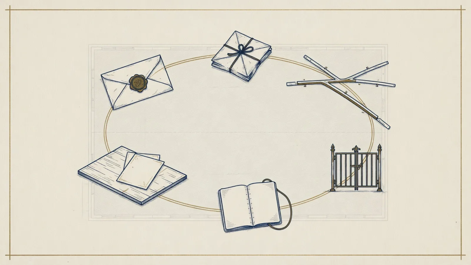 Six ink stations on cream paper: charter, packet, branch, gate, loop, and a shared surface