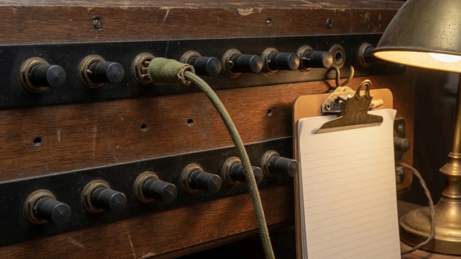 Workshop patch panel with one labelled cloth cable plugged in, other jacks capped, a log clipboard on a hook