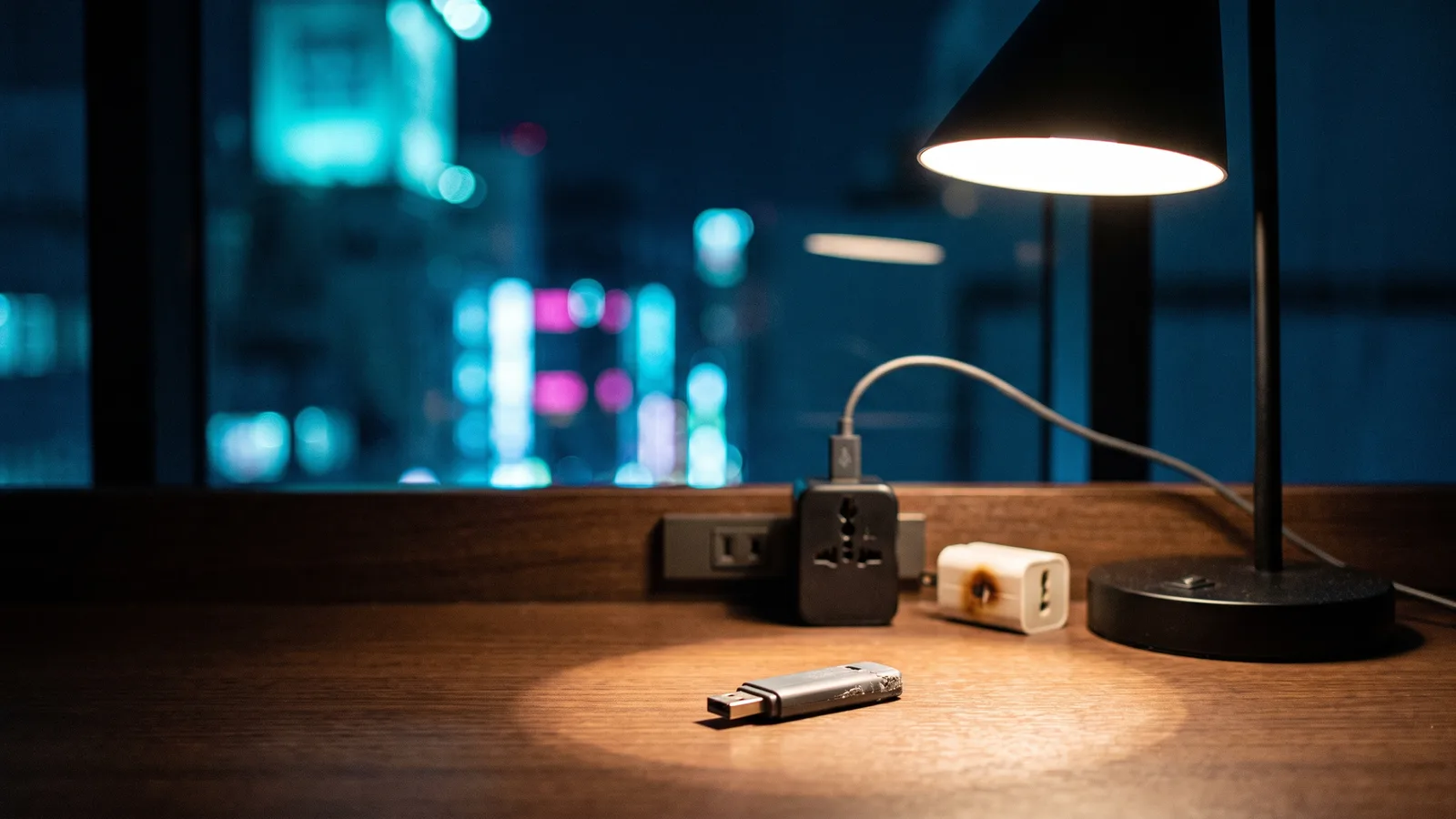 Hotel desk at night with a universal travel adapter plugged into the wall and a small unlabelled USB stick lying under the lamp, city neon through the window