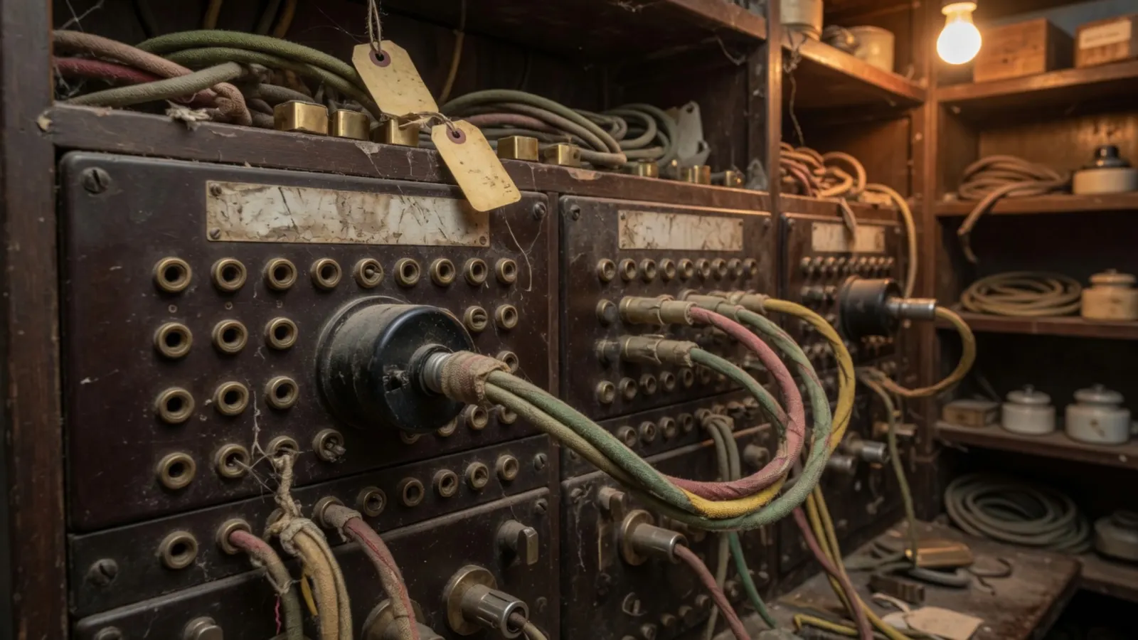 Oude handbediende telefooncentrale, kabels met stoffen ommanteling gestoken in een patchpaneel vol stof