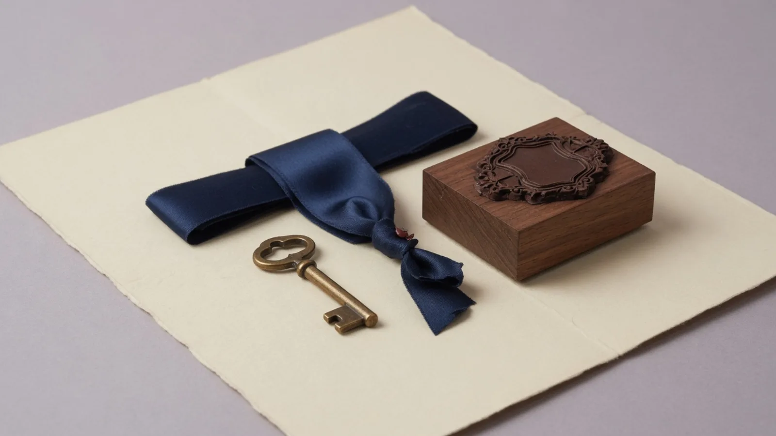 Messing sleutel, lint en een houten stempel op crèmekleurig papier
