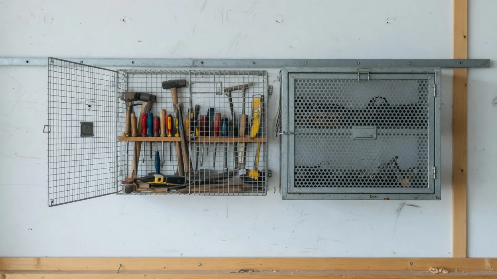 A daylight tool wall with one open wire cage of hand tools and a separate closed steel cage beside it
