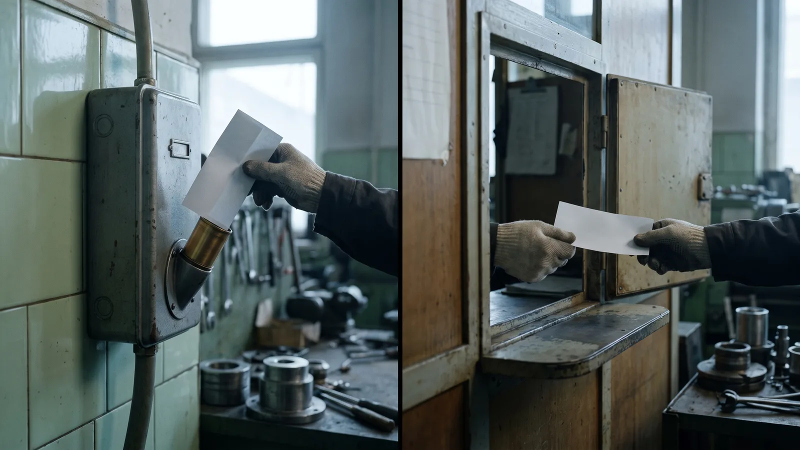 Hetzelfde blanco bestelbriefje twee keer: links gaat het een buizenpost in, rechts wordt het door een luikje aangereikt