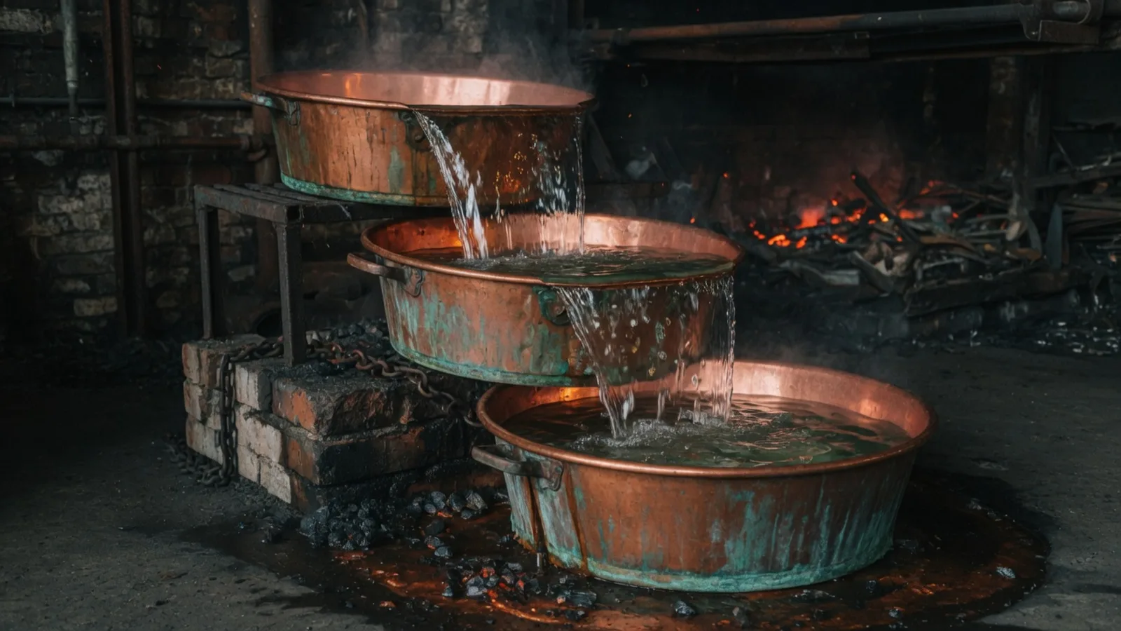 Three copper basins stacked so each overflows a thin sheet of water into the basin below