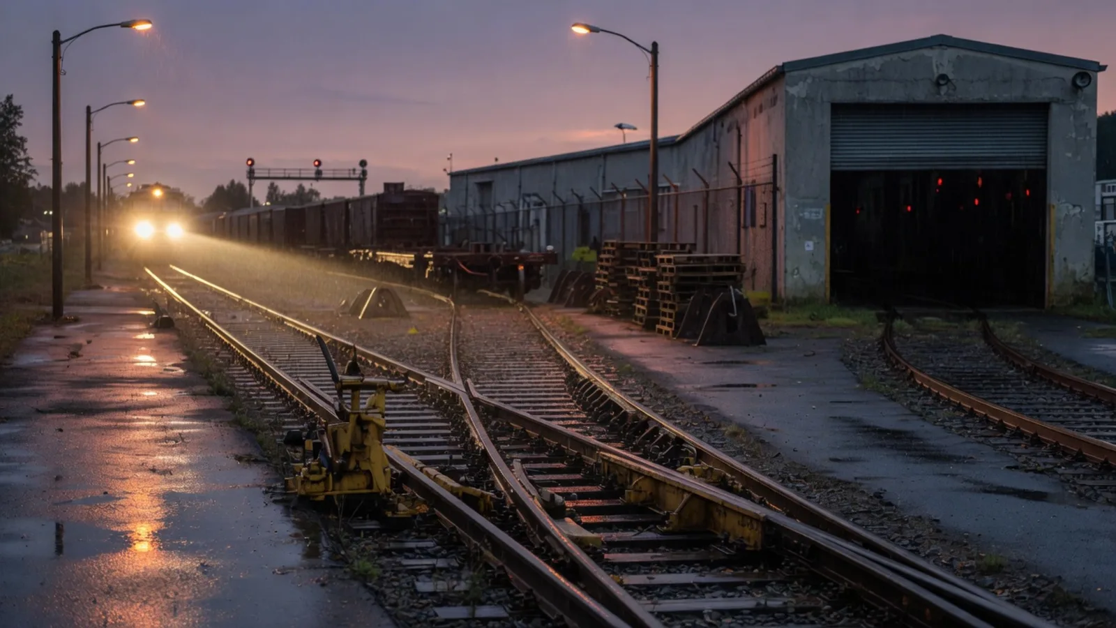 A wet railway switchyard at dusk, one incoming track splitting into three diverging rails