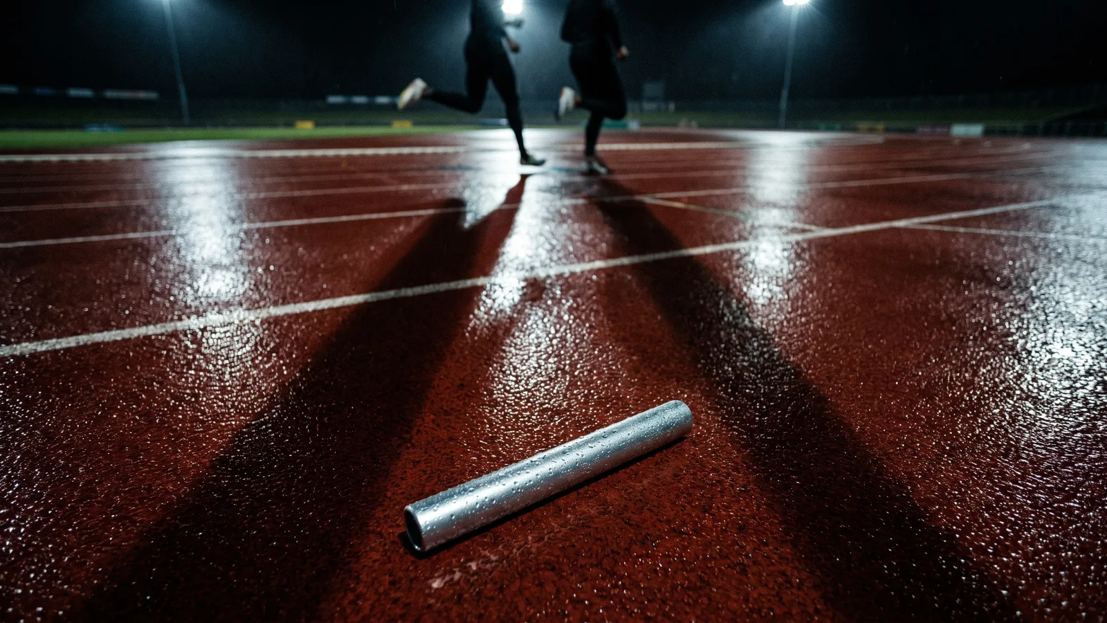 Een estafettestokje op een regennatte rode atletiekbaan onder stadionlampen, met de lange schaduwen van twee lopers die er al voorbij zijn