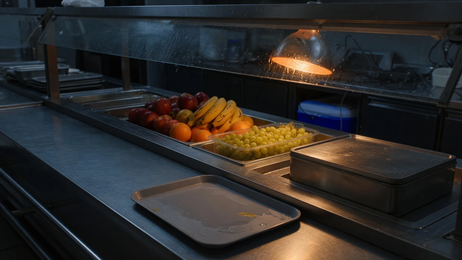 Night cafeteria line, fruit under a work lamp at eye height, pastries sealed in a steel tin, empty tray on the default path