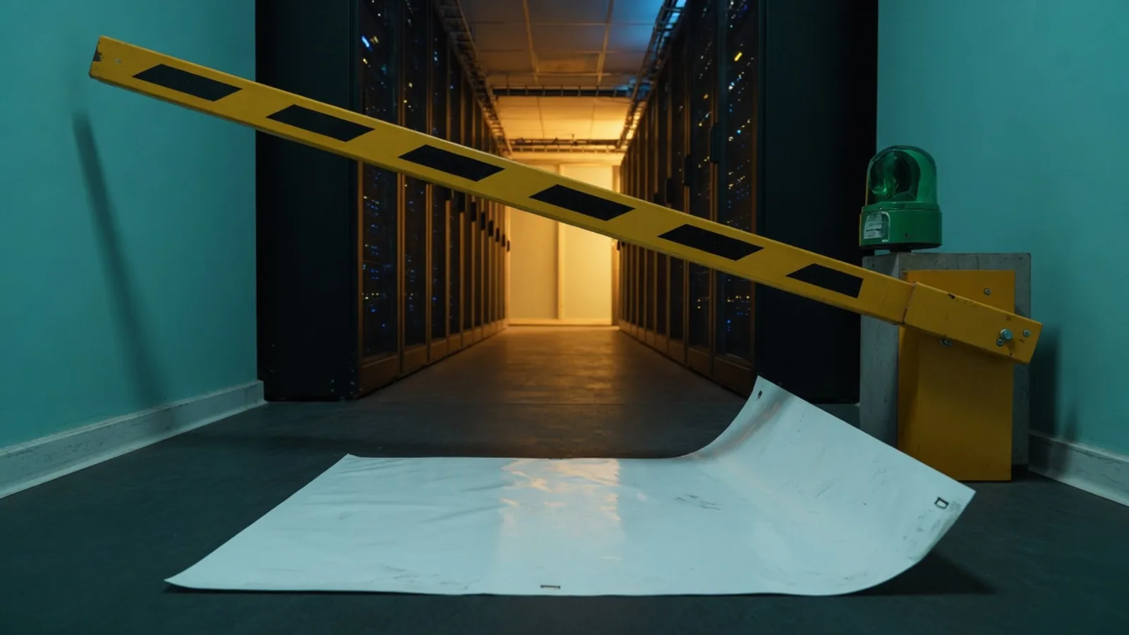A yellow and black boom barrier lowered across a server corridor while a green beacon glows beside it, a blank sheet of paper on the floor below