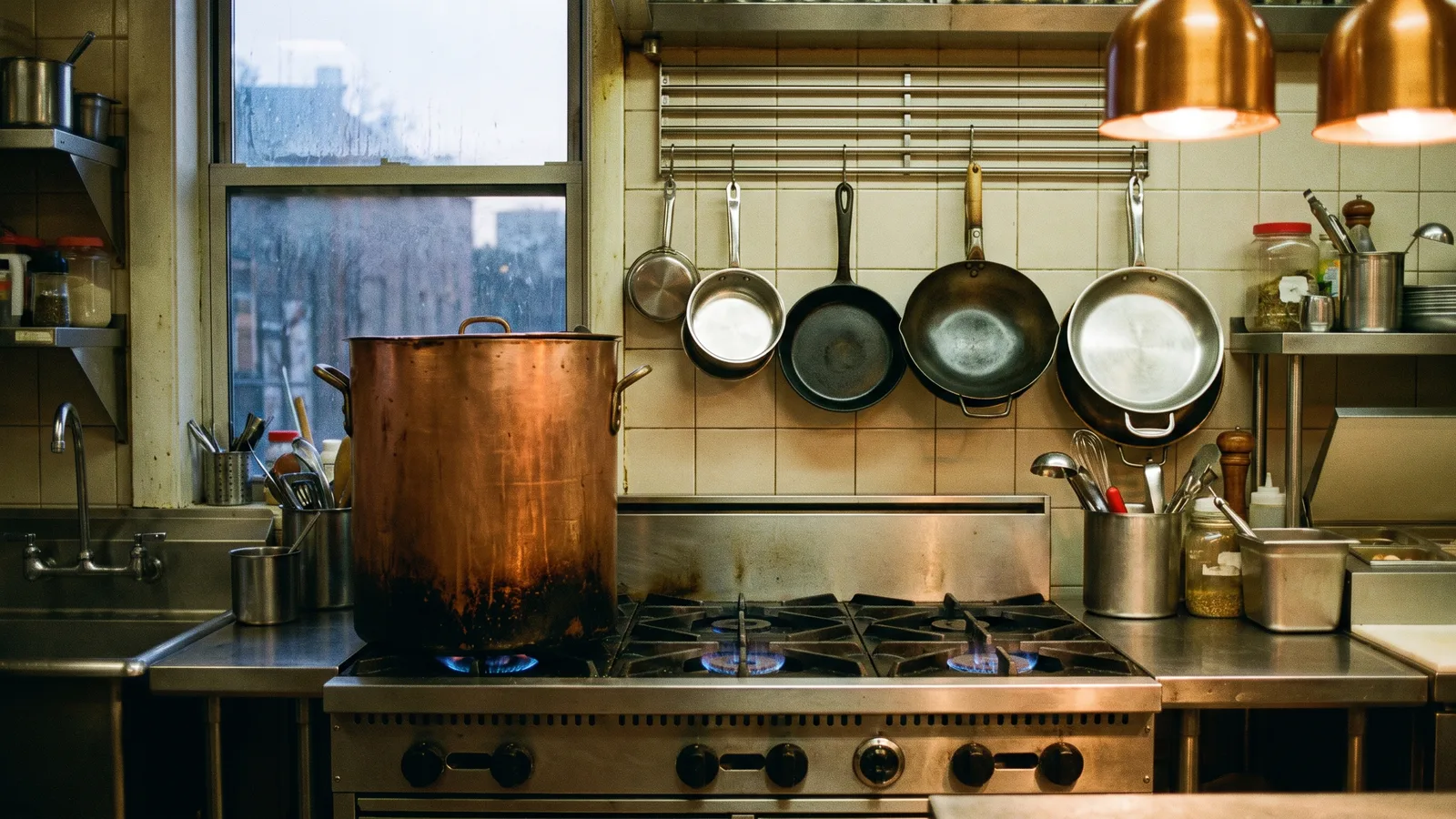 One oversized copper pot on a restaurant range while smaller, varied pans hang unused on the wall