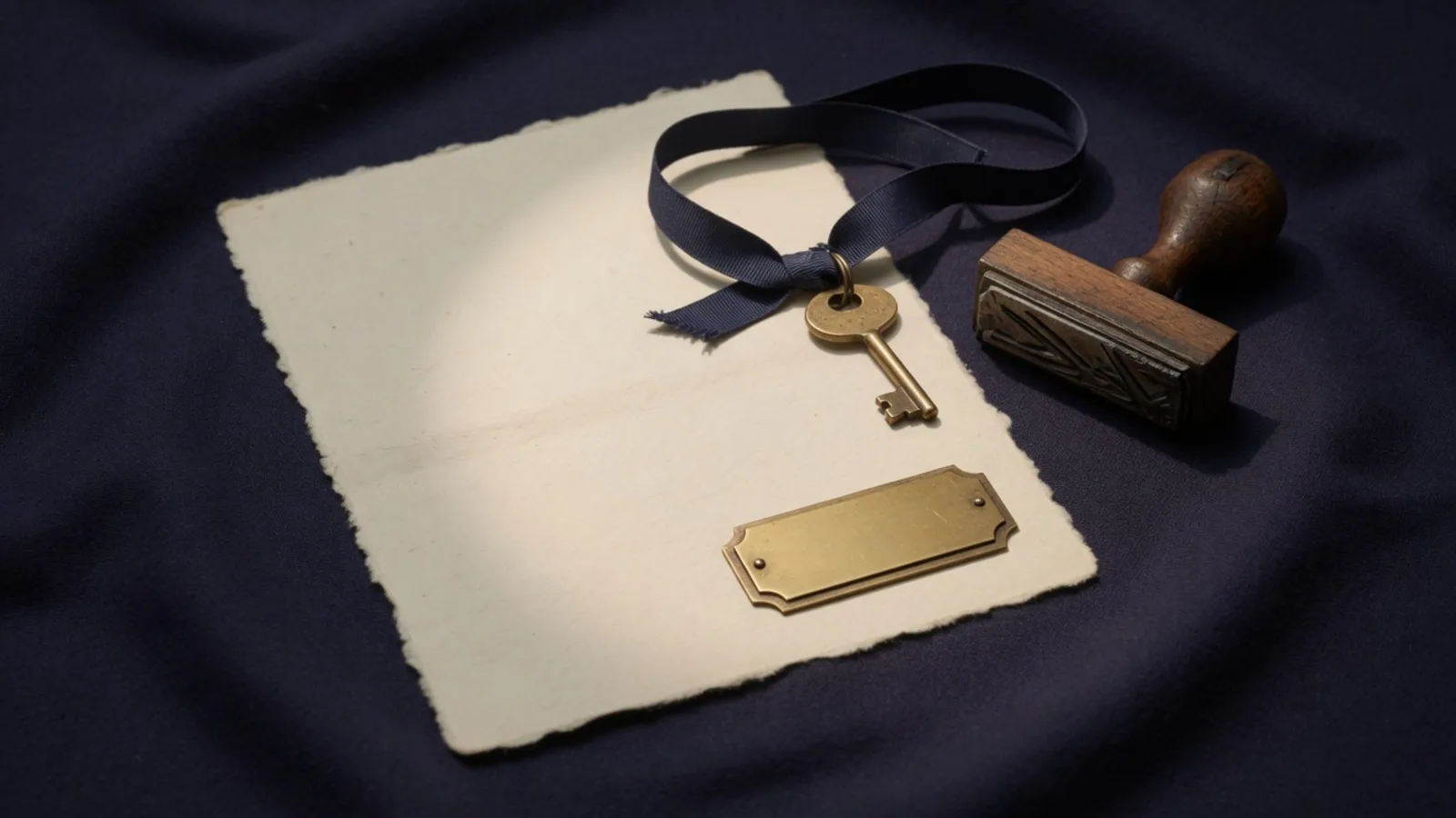 Brass nameplate, navy ribbon with a key, and a wooden stamp on cream paper