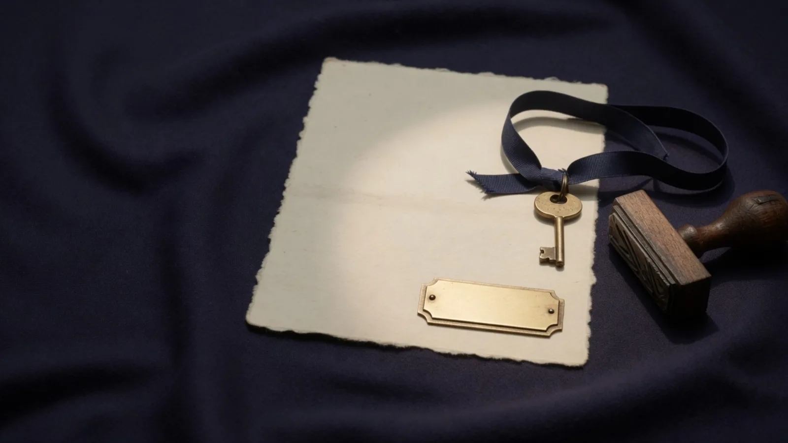 Messing naamplaatje, marineblauw lint met een sleutel en een houten stempel op crèmekleurig papier