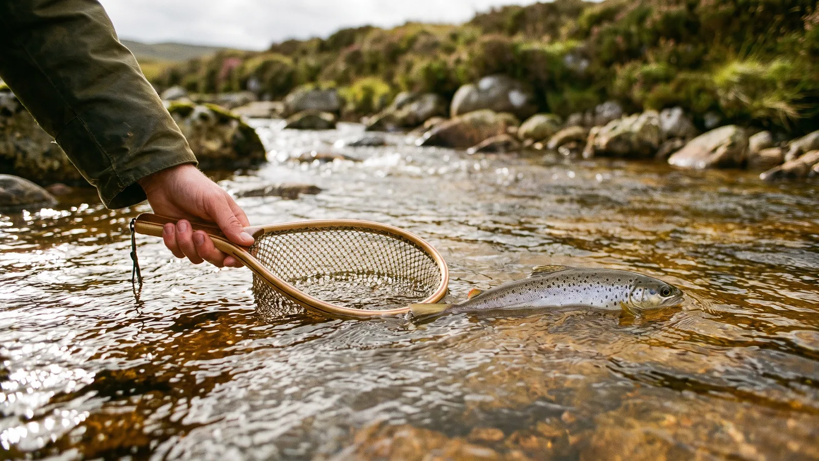 A hand holding a small, tightly woven landing net in a clear highland stream while a trout swims past just outside its rim