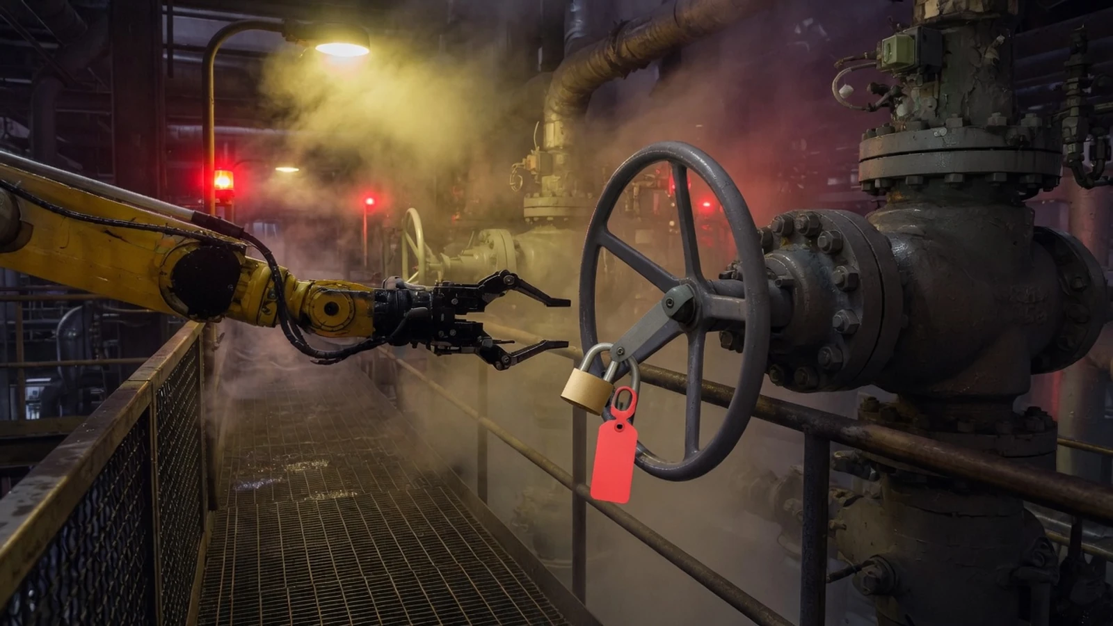 Night plant catwalk, a yellow robot gripper frozen short of a grey valve wheel locked with a padlock and a blank red tag