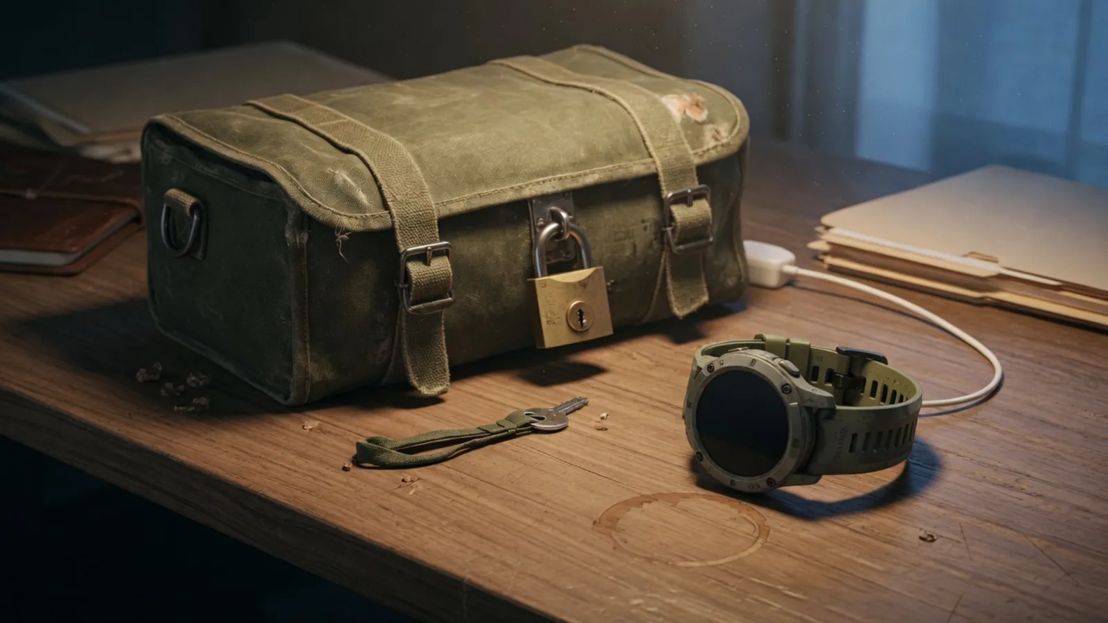 Sports watch charging on a wooden desk beside a sealed, padlocked canvas medical bag, neither opened