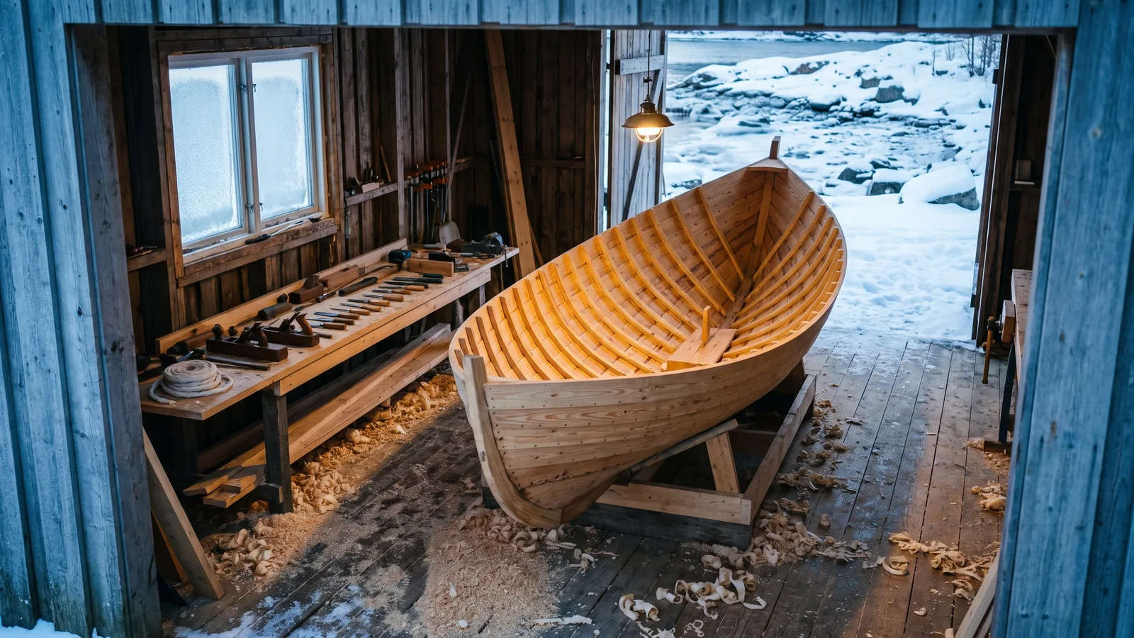 A half-built wooden sailboat with bare pine ribs in a boatyard shed, tools laid out neatly beside it, cold winter light at the window